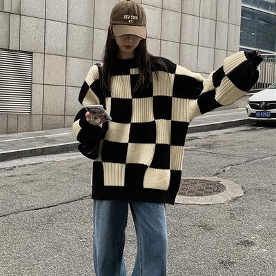 2021 New Plaid Thick Sweater Women's Autumn and Winter Design Sense Niche Tops Retro Lazy Style Lantern Sleeve Sweater
