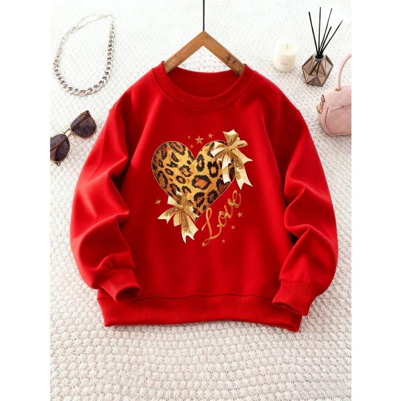 Unisex Crew Neck Sweatshirt with Leopard Print Heart and Bow Decoration , Long Sleeve, Casual Style, Perfect for Camping and Parties
