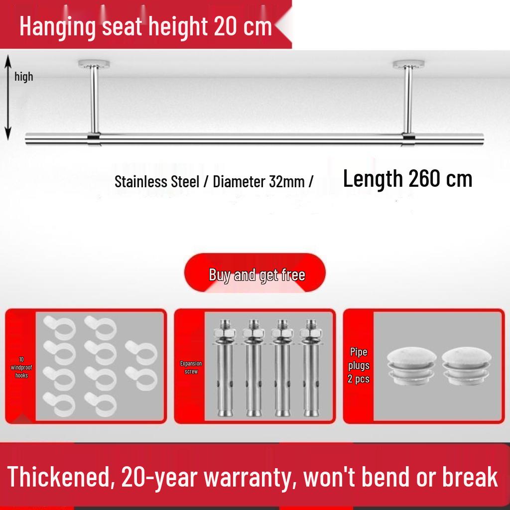 32mm 304 Stainless Steel Clothes Drying Rod for Balcony and Indoor/Outdoor Use