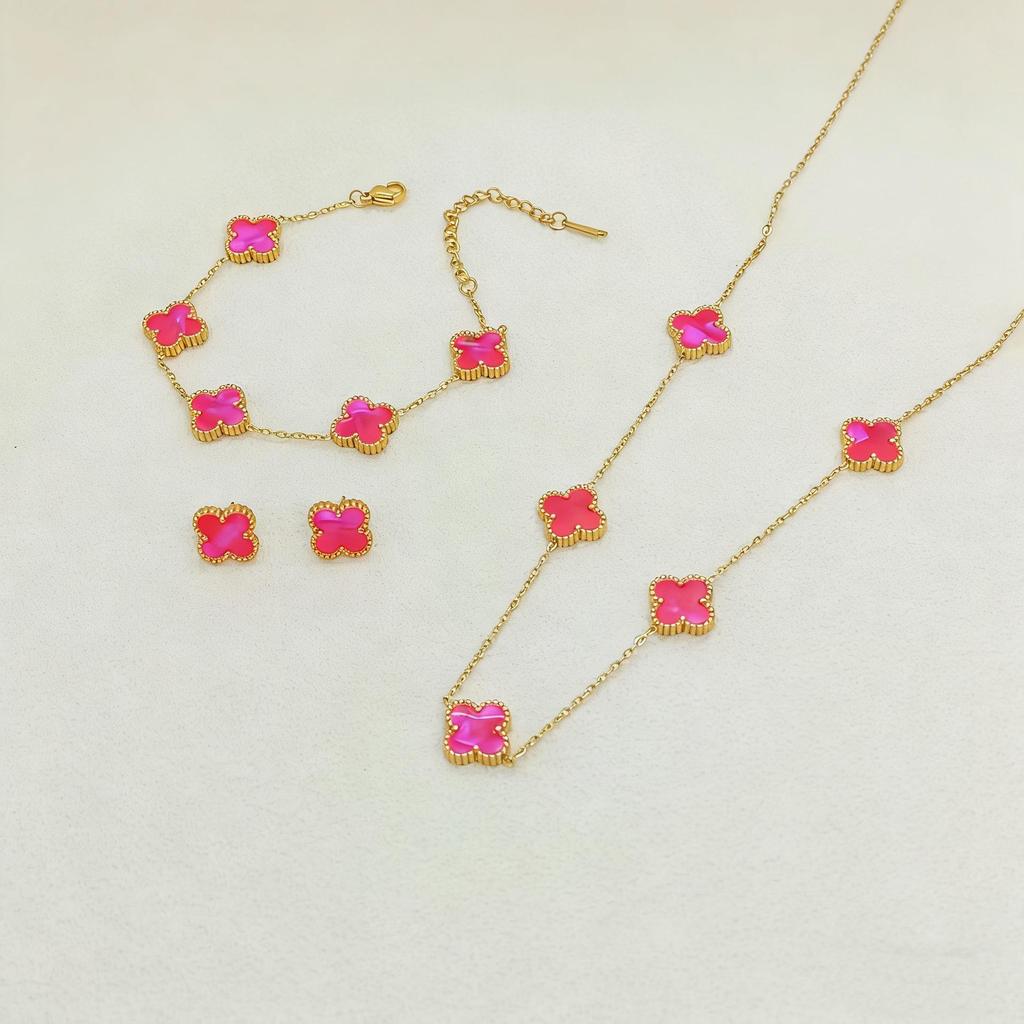 Set de Joyería de Acero de Titanio Madreperla Doble Cara Trébol de Cuatro Hojas con Pulsera, Collar y Pendientes