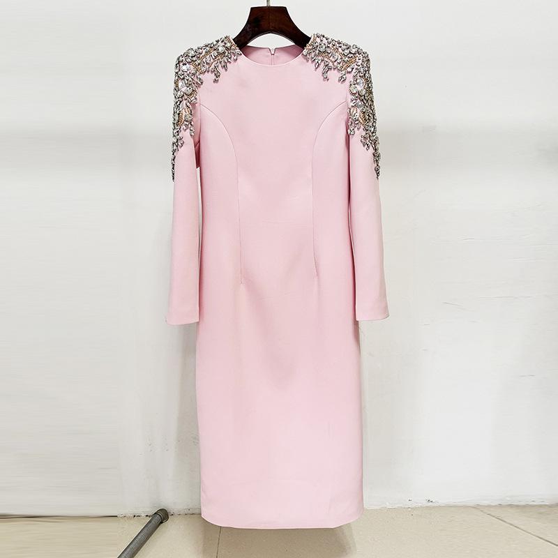 High-End Rhinestone Beaded Long Sleeve Midi Dress M розовый
