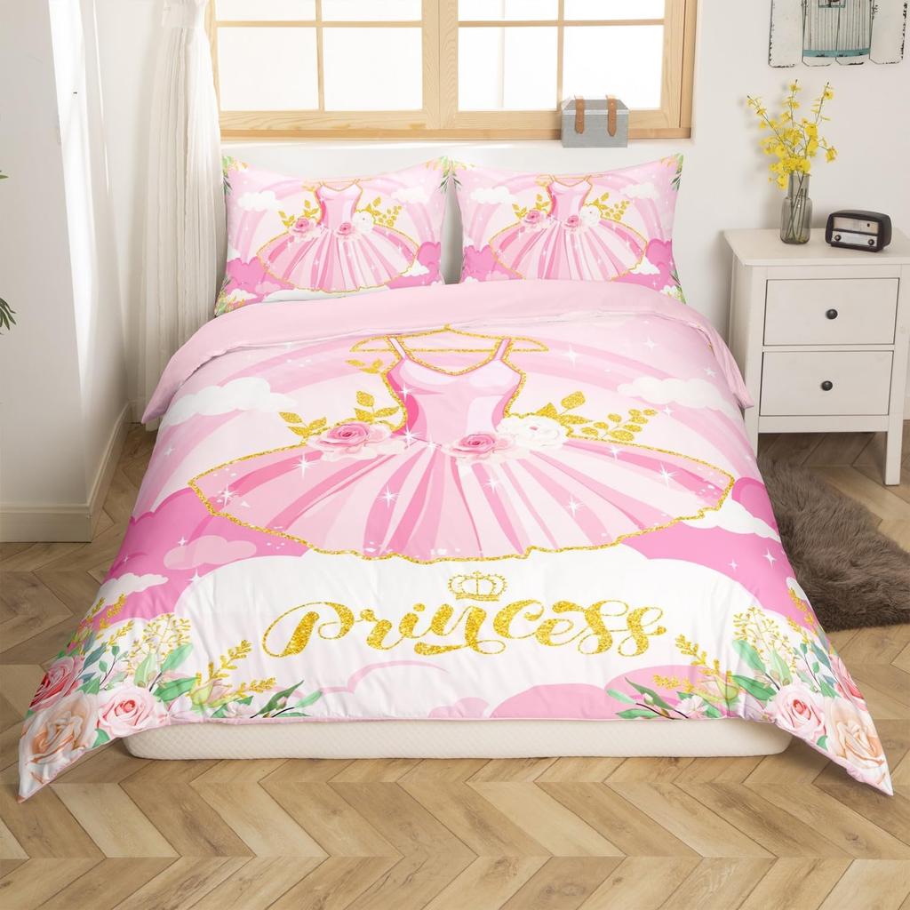 Märchenschloss Bettwäsche Set Twin QueenMädchenhaft Goldene Schloss Silhouette BettbezugBlühende Blumen Botanischer Bettdeckenbezug