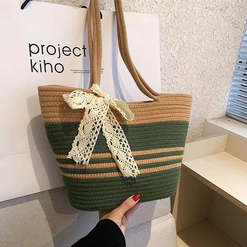 Large capacity woven bag women's shoulder bag cotton thread portable lace straw bag color matching beach bag tote bag