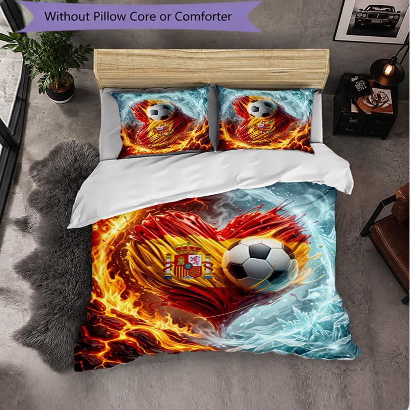 Spain Football Pattern 3 Pieces Bedding Set Soft Microfiber Duvet Cover with Pillow Cases for Bedroom