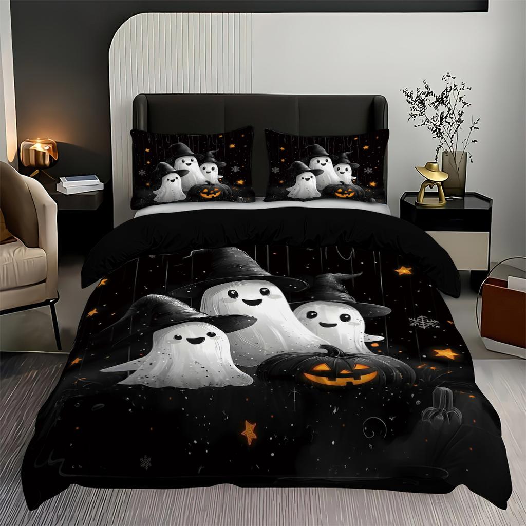 3-piece Halloween themed pumpkin ghost castle pattern 1 quill cover+2 pillowcases coreless soft and comfortable bedding set