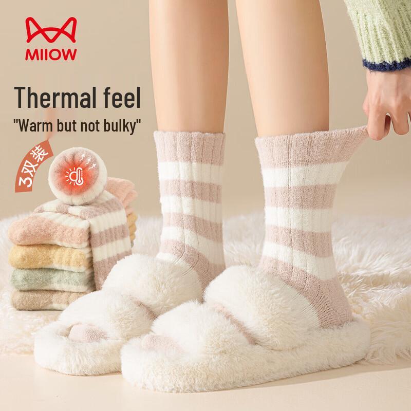 Mao Ren Women s Striped Thermal Mid-Tube Socks (3-Pairs) One Size