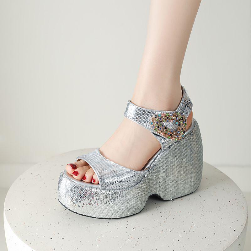 Moda 2025 Sandali da Donna Bling Zeppe con Gancio e Anello di Cristallo Piattaforma 12 cm Tacco Taglie Forti 41 42 43 Scarpe da Donna per Appuntamento