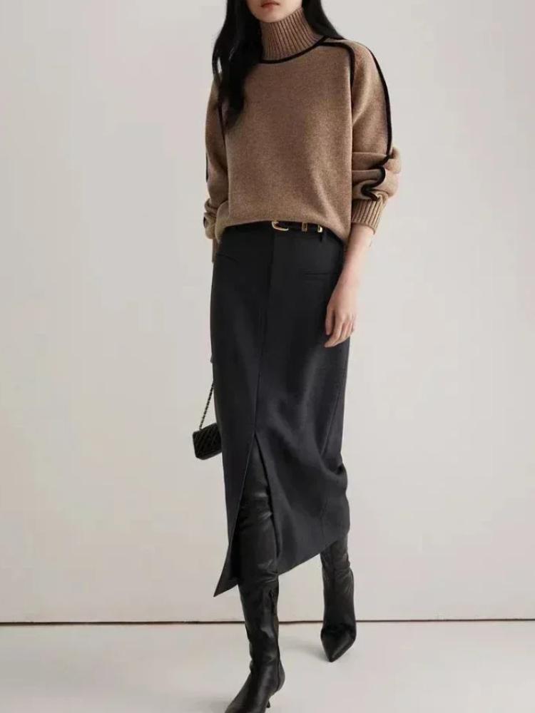 Podzim Zima Móda Nový Volný Svetr Dámský Elegantní Pletený Polovysoký Límec Dlouhý Rukáv Topy Elegantní Prošívání Dojížděcí Styl Teplý Svetr