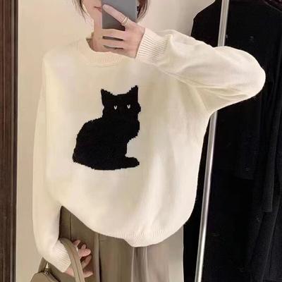 Koreański słodki kot kreskówkowy sweter sweter damski jesienno-zimowy Casual luźna odzież z dzianiny moda damska z długim rękawem topy 29212