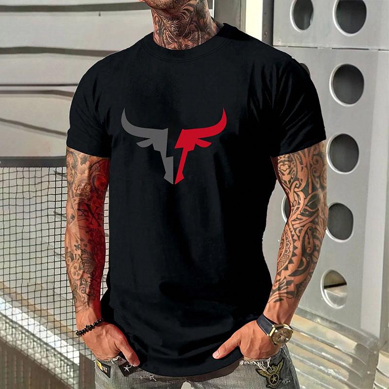 Fashion Cow Head Print Short-sleeved T-shirt New Men's Round Neck Fitness Sports Short-sleeved Tops Summer Simple Men's Clothing