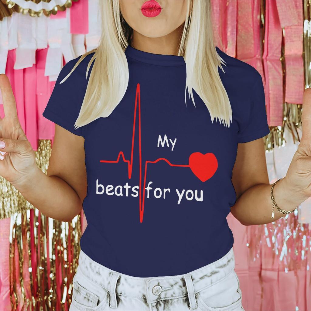 Couple Heart Beats for You Print T Shirt Causal Women Man Vintage Couples Matching Tshirt Short Sleeve Valentines Day Tees