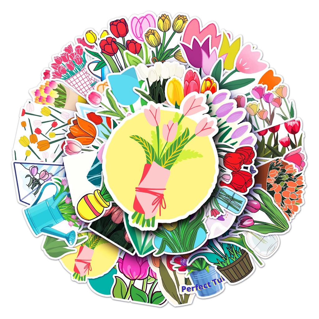 50pcs Tulip Cartoon Graffiti Stickers for Journals, Water Bottles & Suitcases - Waterproof