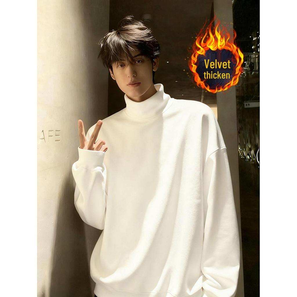 Men's Autumn/Winter Heavyweight Velvet Hoodie with Half-High Collar, Solid Color, American Style, Versatile and Casual.