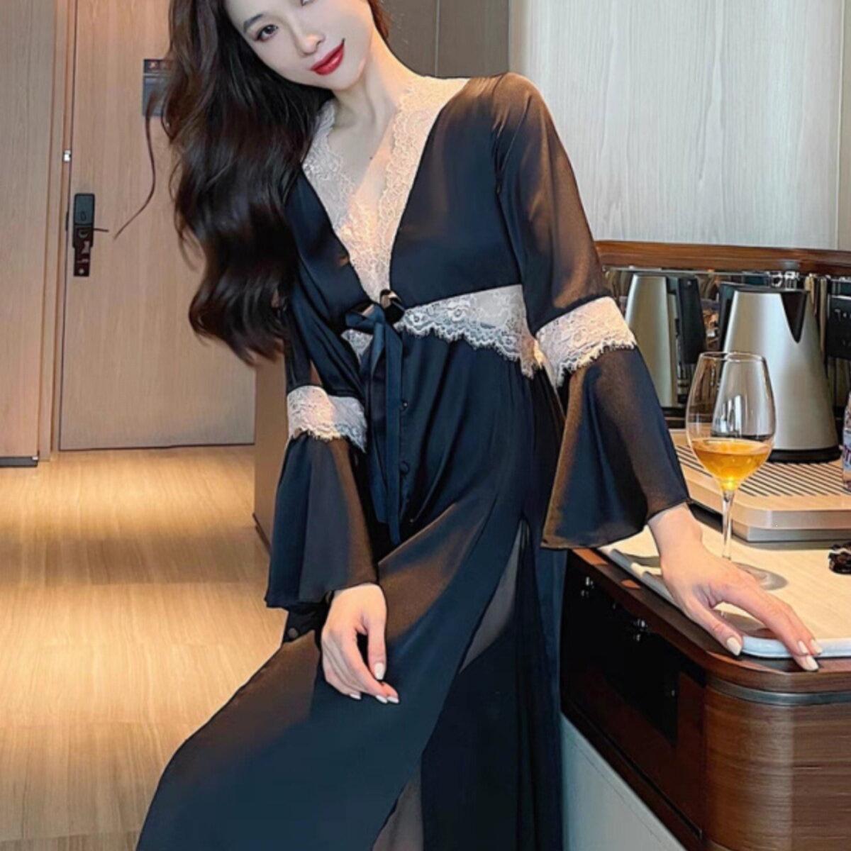 

Plus Size V-Neck Lace Trim Long-Sleeve Nightgown for Women 3XL чёрный