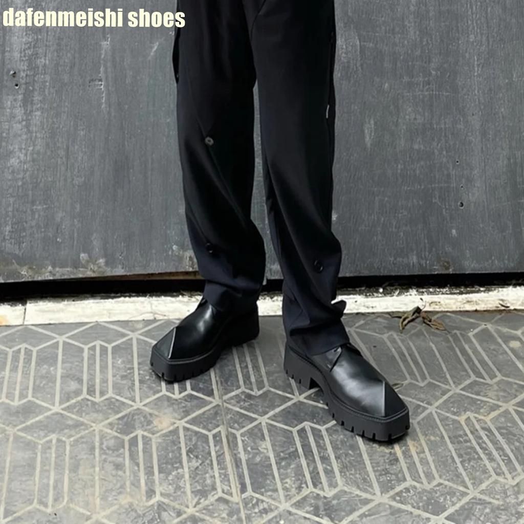 Fashion Rhino Horn Platform Real Leather Shoes for Women Black Lace Up Square Toe Fashion Shoes 2025 New Novelty Derby Shoes