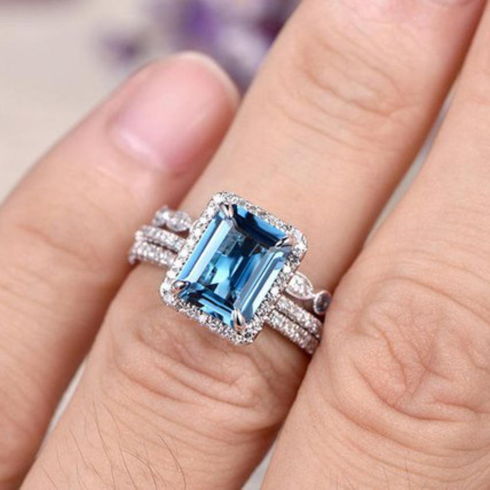 Luxury Charm Shining Full of Sea Blue Zircon Crystal Geometric Square Rings for Women Men Bride Engagement Wedding Jewelry Gift