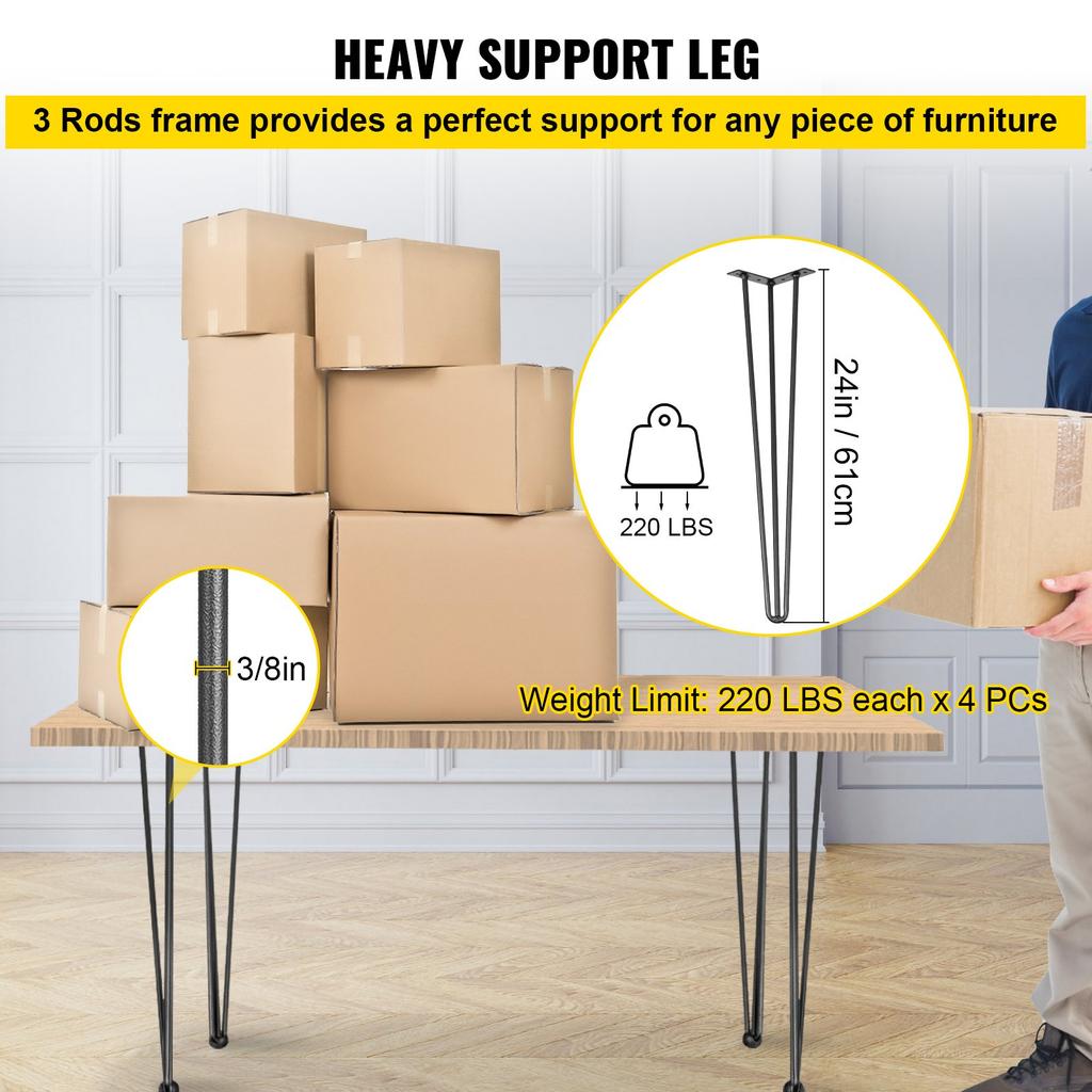VEVOR Hairpin Table Legs 61 Cm Black Set of 4 Desk Legs Each 99.8 Kg Capacity Hairpin Desk Legs 3 Rods for Bench Desk Dining End Table Chairs Carbon