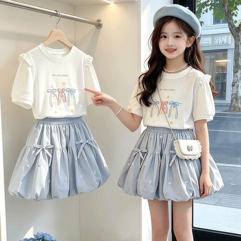 Girls Summer Fashion Set: Bow Puff Sleeve Top & Tulip Skirt 130 cm