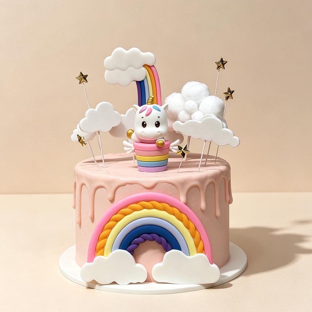 Unicorn Rainbow Cake Topper - Pink Cartoon Decoration for Children's Birthday Party