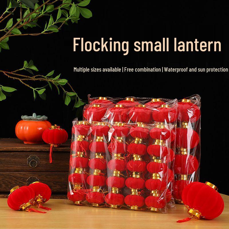 Small Red Flocked Ball Lantern Decoration for New Year Balcony and Outdoor Festival