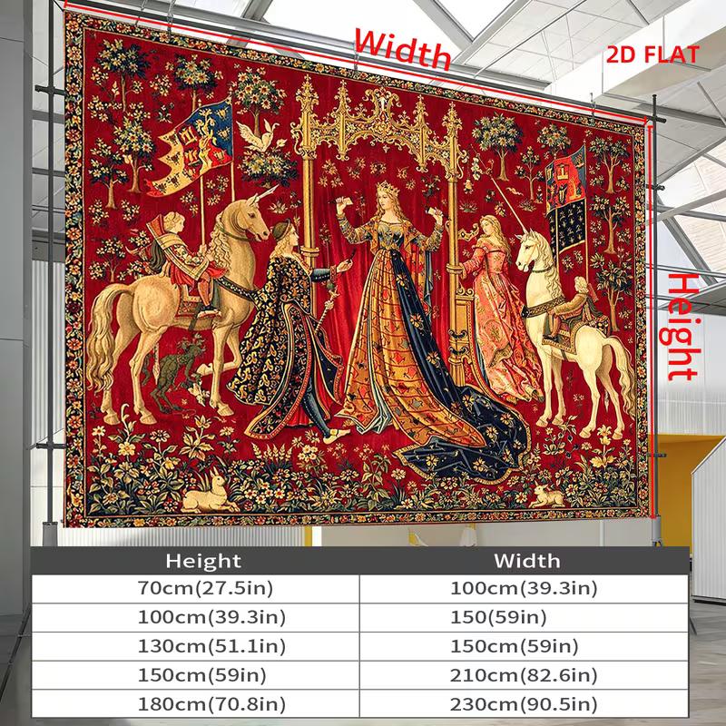 Arazzo Medievale Floreale Rosso 2D Scena di Corte con Unicorno Appeso a Parete