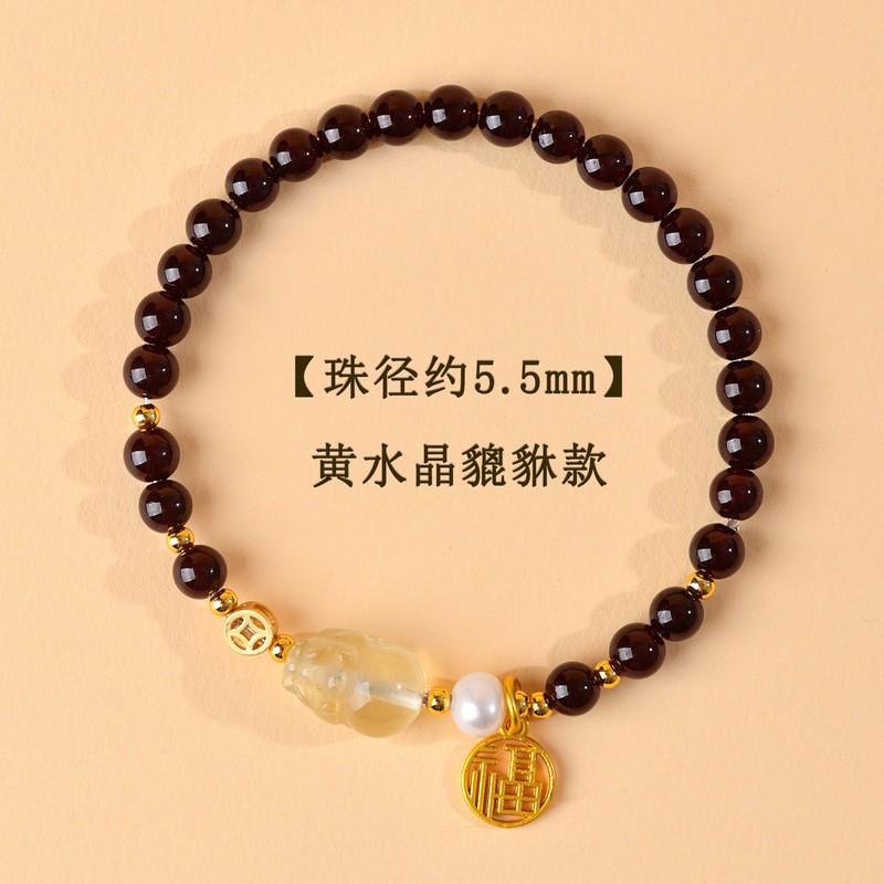 Natural Garnet Strawberry Quartz Pink Amethyst Crystal Pixiu Lucky Charm Bracelet Women Handmade Minimalist Fashion Jewelry Garnet Yellow Quartz Pixiu Charm Bracelet