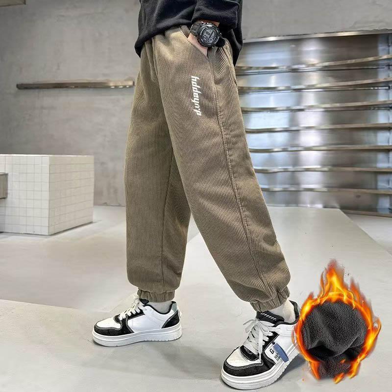 Children's Plus Velvet Pants Boys Padded Trousers Winter New Kids Elastic Waist Sweatpants Teenager Casual Fleece Clothing