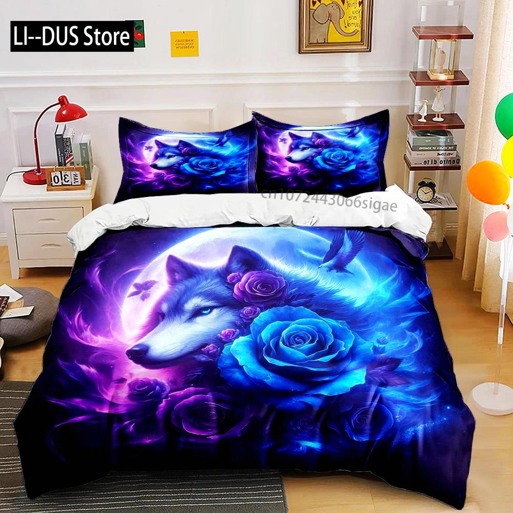 Nuovo arrivo! Set Biancheria da Letto con Stampa Lupo e Rosa per Amanti del Totem del Lupo 1 Copripiumino 2 Federe Set Biancheria da Letto per Adulti