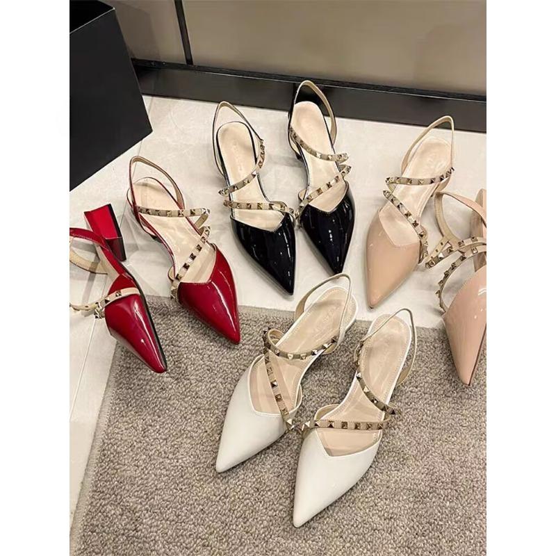 Fashion Rivet Nude Toe Sandals, Summer Thick-heeled Patent Leather Pointed Toe Single Shoes, Large-sized Women's Shoes
