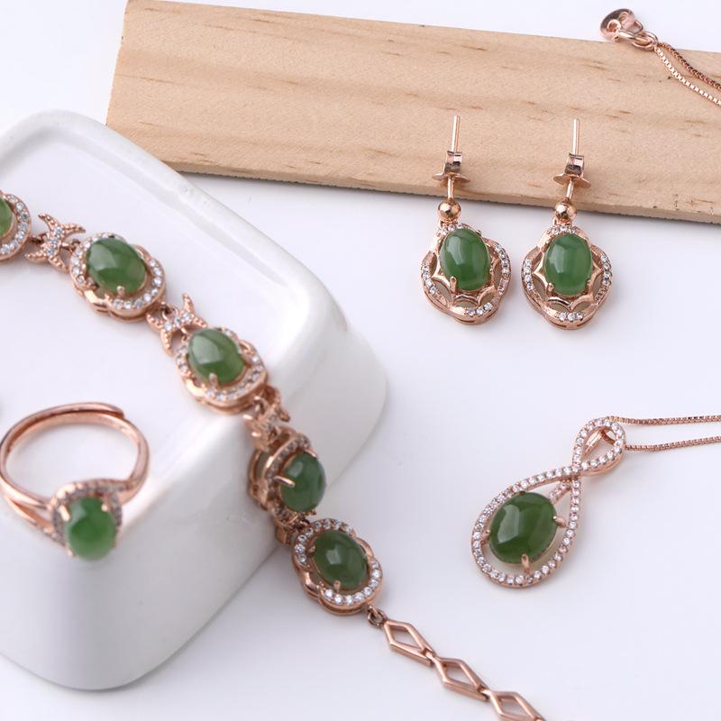 Bridal 4-Piece Set: Rose Gold Plated 925 Silver Earrings, Ring, Necklace with Jasper and Hetian Jade