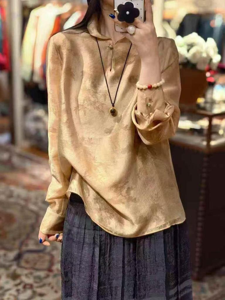 Rongtai Women's Elegant Spring 2026 Jacquard Dark Pattern Loose Shirt with Half-Open Collar