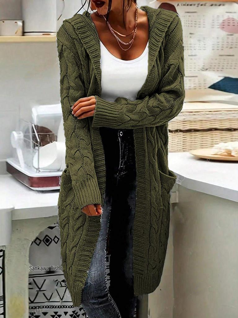 Women's Solid Color Loose Knit Cardigan - Chunky Mid-Length Cable Knit Sweater Coat