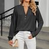 Women's Fashionable Solid Color V-neck Long Sleeved Button Casual Pullover Top
