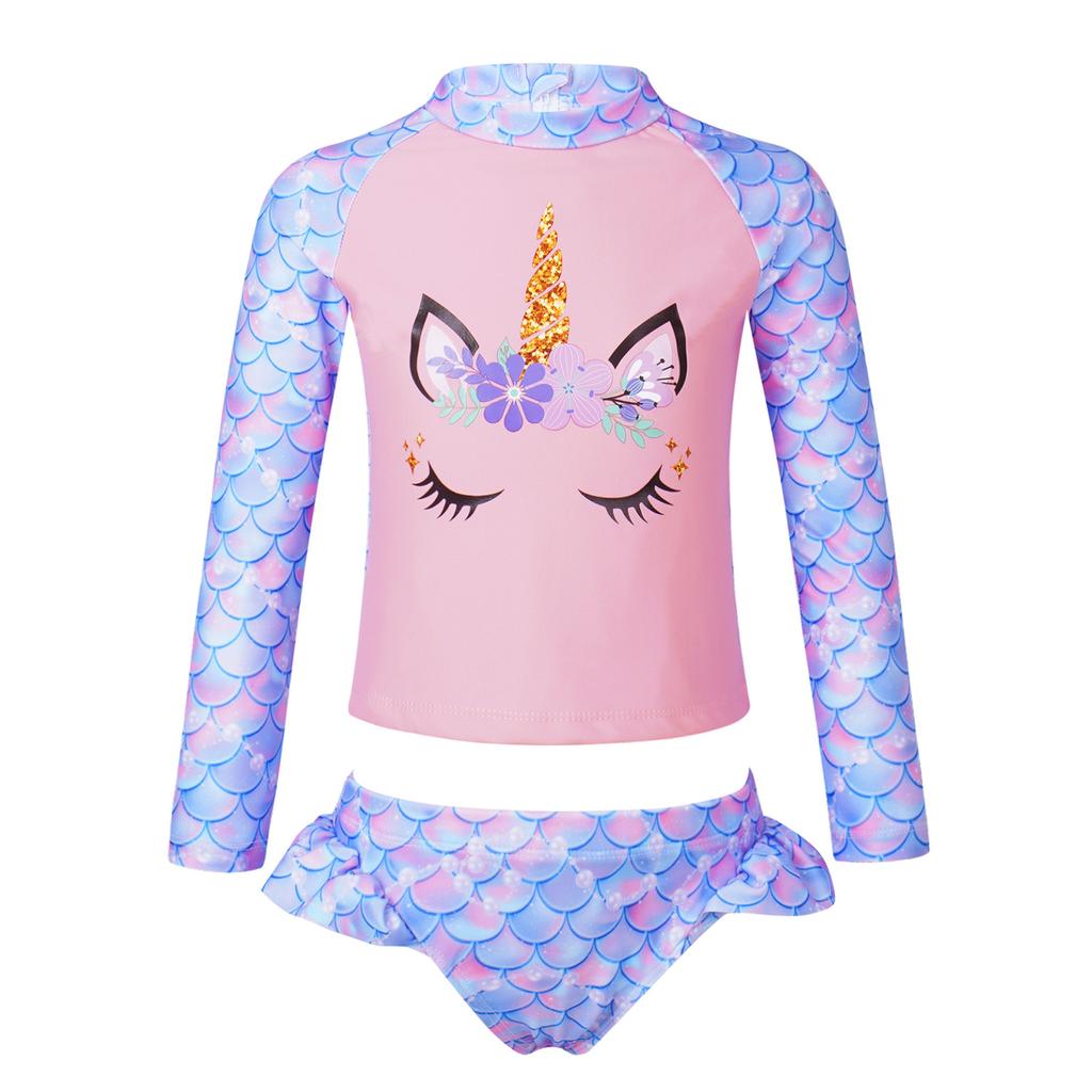 2-teiliges Kinder-Badeanzug-Set für Mädchen mit Fischschuppen-Aufdruck, Strand-Outfits, Tops und Slips mit Cartoon-Pferd-Aufdruck, Strandbadebekleidung, Badeanzüge