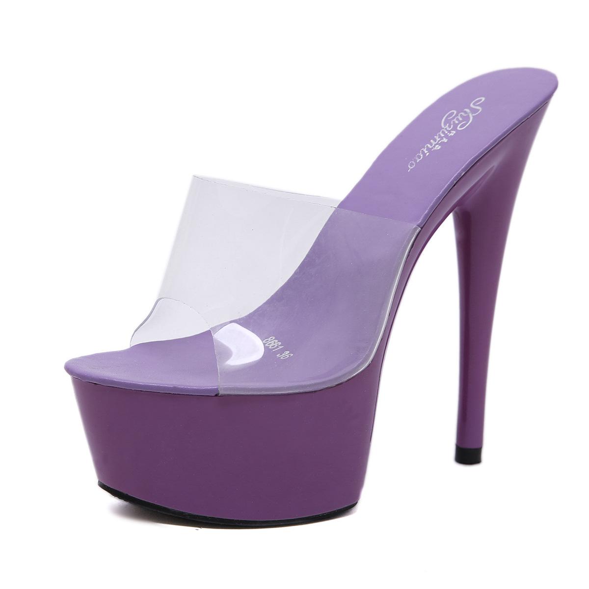 

Женские босоножки на очень высоком каблуке 15 см, сексуальные туфли на платформе для ночного клуба, женские босоножки из ПВХ с прозрачным ремнем и открытым носком на каблуках для женщин 34 фиолетовый