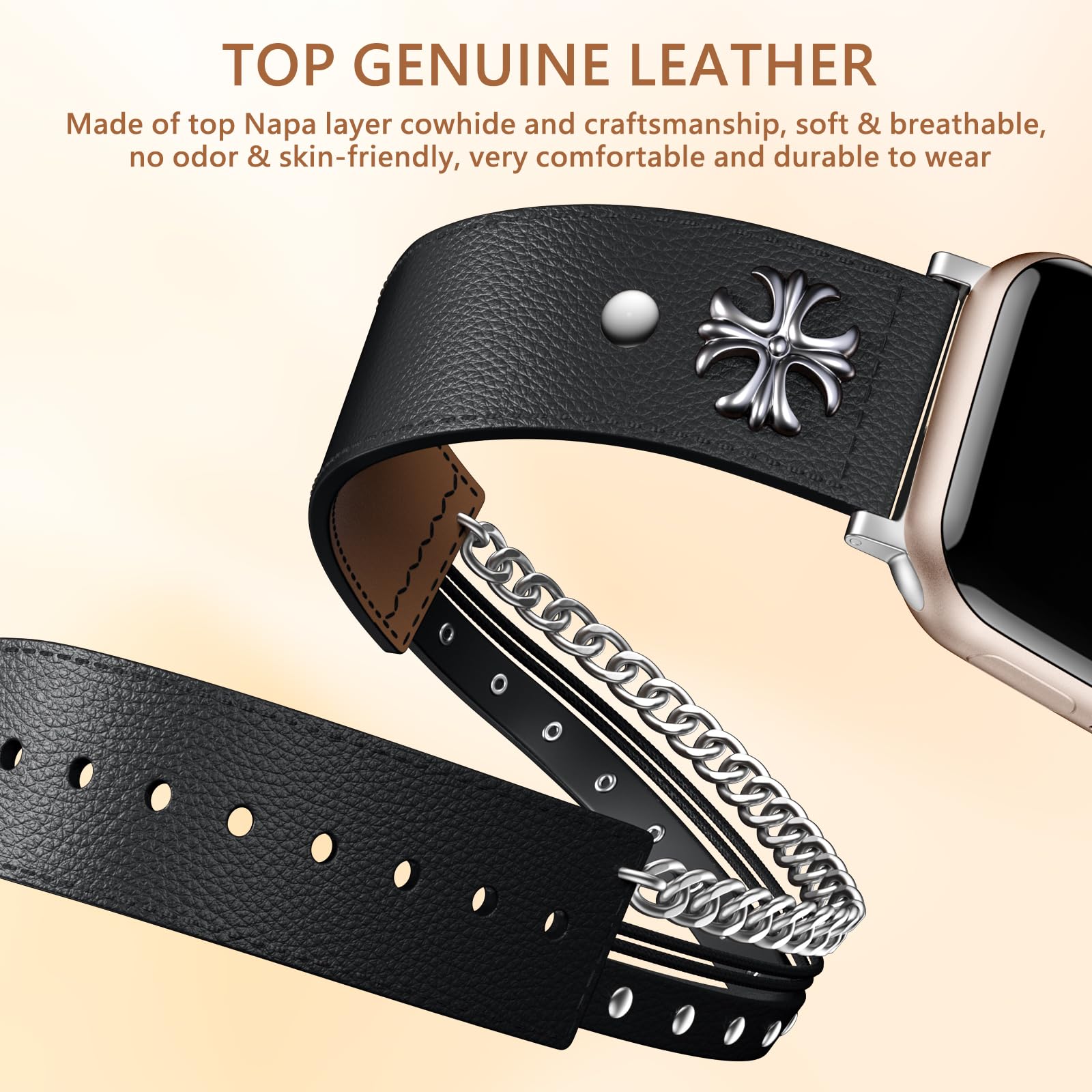 

M/L Size For Apple Watch 10 46mm/Ultra 2/Ultra 49mm/9 8 7 45mm/SE (2023) SE (2022) SE 6 5 4 44mm/3 2 1 42mm Cowhide Strap Punk Style Watch Band Brown