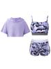Kids Girls 3 Piece Dance Gymnastic Workout Outfit Short Sleeve Hooded with Crop Tank Top Shorts Sport Tracksuit