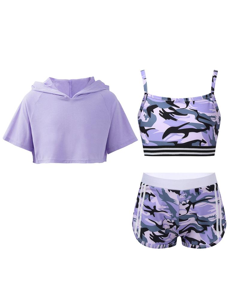 Kids Girls 3 Piece Dance Gymnastic Workout Outfit Short Sleeve Hooded with Crop Tank Top Shorts Sport Tracksuit