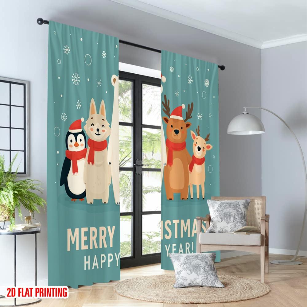 2pcs 2D flat printing Merry Christmas Curtains Cute Christmas Animals Merry New Year Digital Printed Polyester Drapes Party