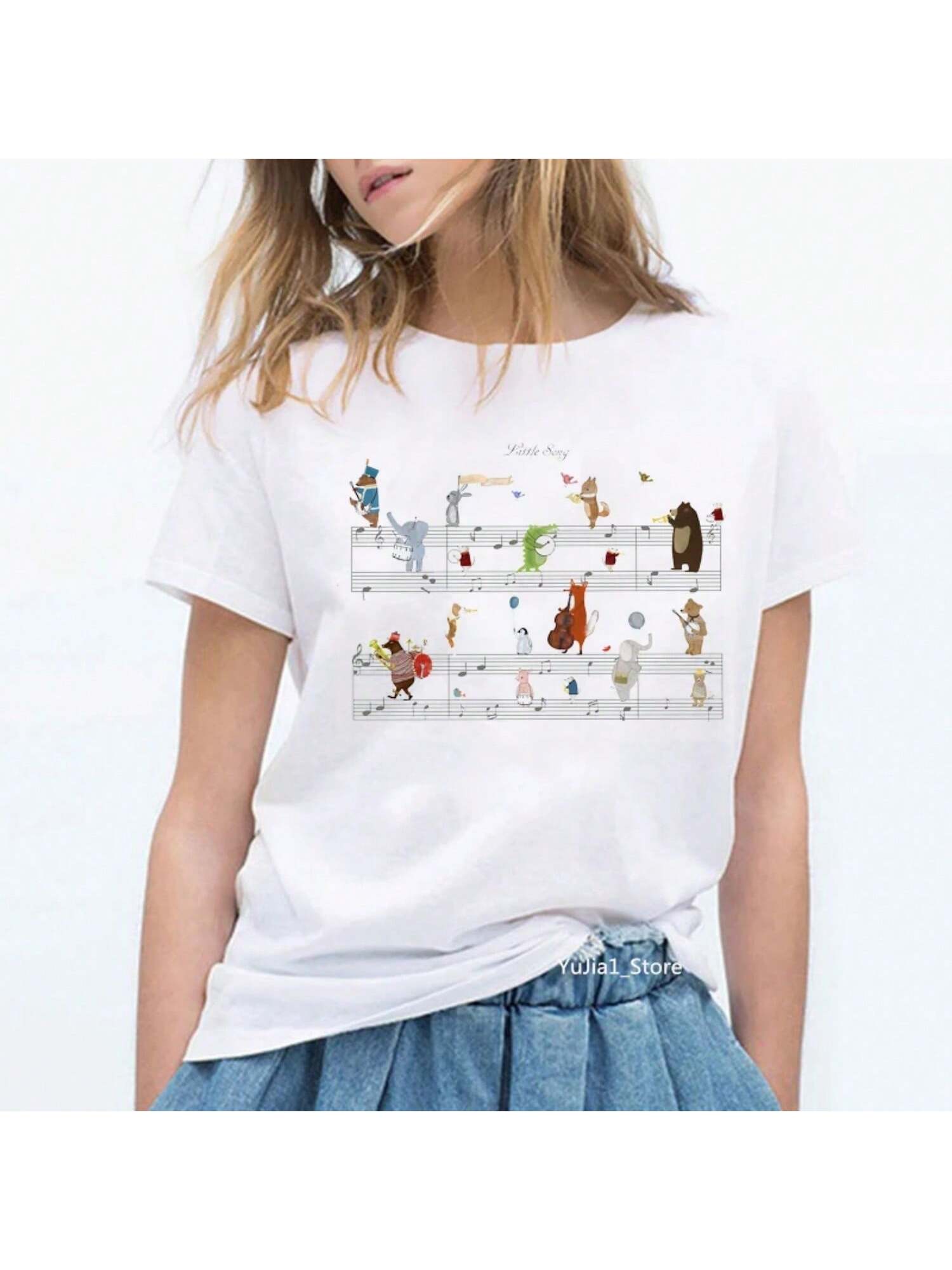 Musical Note Zoo Animals Print Harajuku Kawaii Tshirt Cute Summer Top Woman Clothes Funnny T Shirts White Lovely Graphic Tees S разноцветный