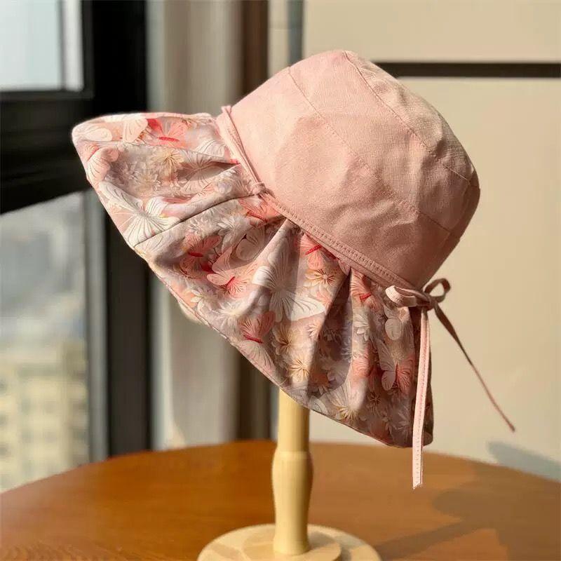 Summer Travel Big Brimmed Fisherman Hat, Women's Printed Bow Sun Hat Face Covering Beach Hat Sun Hat UV Protection