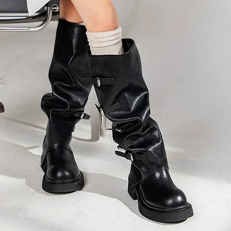 

Кожаные массивные модные женские высокие сапоги на среднем каблуке с пряжкой дизайнерские высокие мотоциклетные сапоги до колена зима 2024 трендовые ботинки женские 40 чёрный