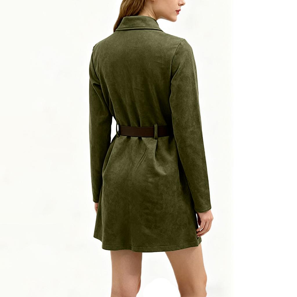 Damen Langarm Lässig Retro Locker Stehkragen Taillenbetonendes Kleid