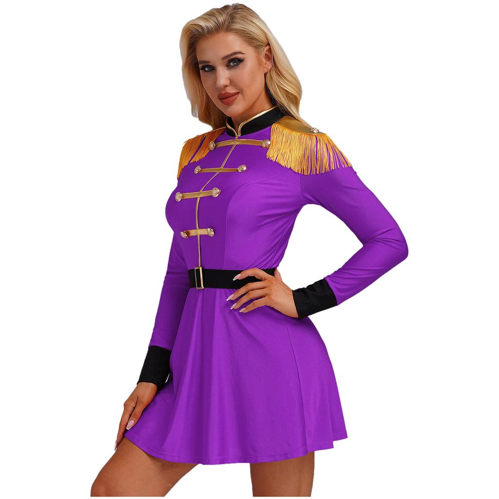 Womens Lion Tamer Costume Tassel Shoulder Long Sleeve Circus Ringmaster Dress Belted Halloween Outfit