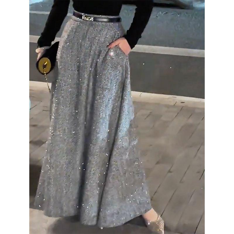 Gray High-Waisted Wool Blend Midi Skirt with Highlight Pocket Print for Women