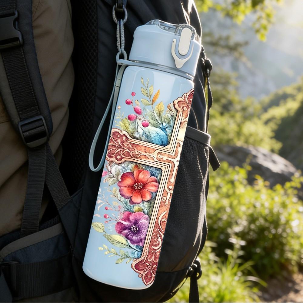 1PC Floral Rose Cross Religious Art Print 750ml Color Plastic Sports Water Bottle Leakproof Flip Straw Lid Suitable for Sports Office Home Use