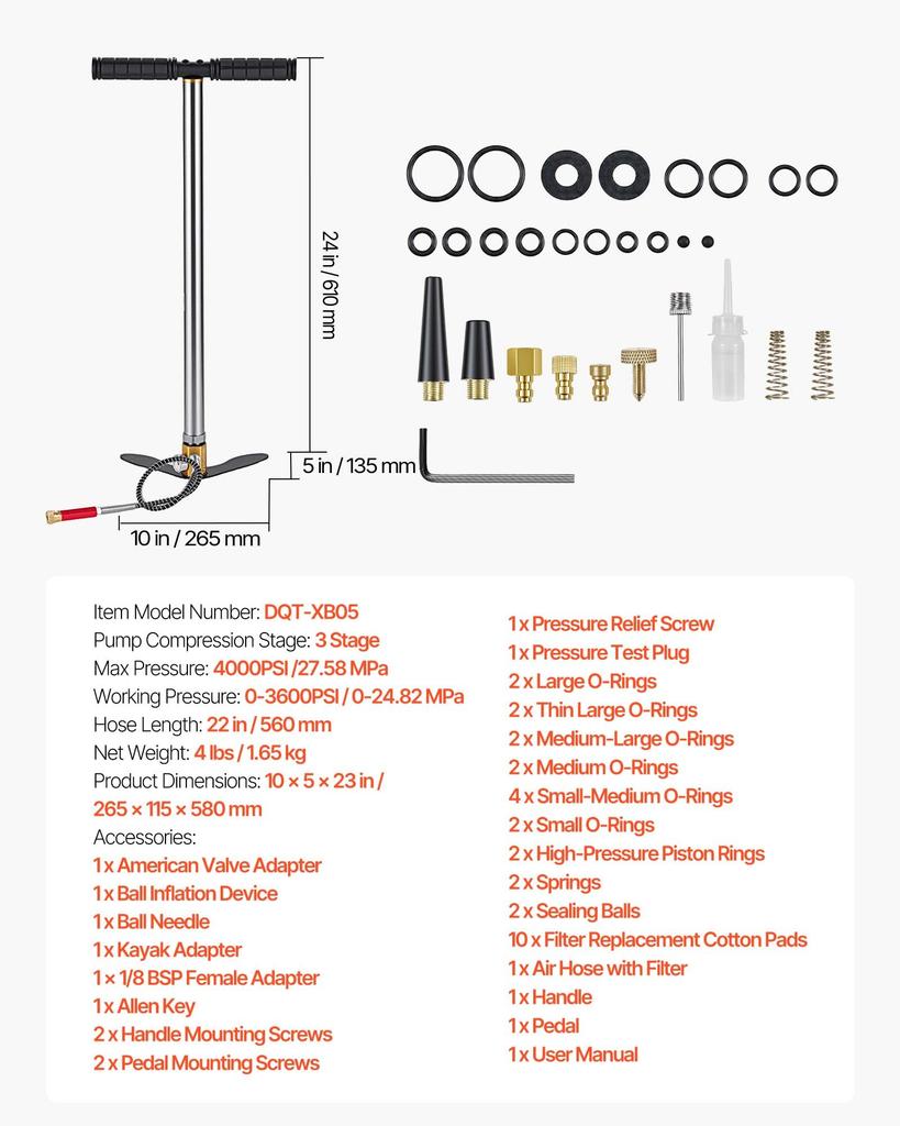 VEVOR PCP Hand Pump, 3 Stage, High Pressure Air Rifle Filling Stirrup Pump, 24.82 MPa 3600 PSI, with Oil-Moisture Filter, Pressure Gauge
