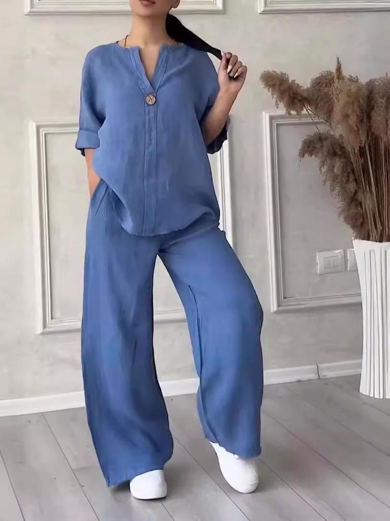 2025 European & American Women's Casual Cotton & Linen Loose Top and Wide-Leg Pants Set