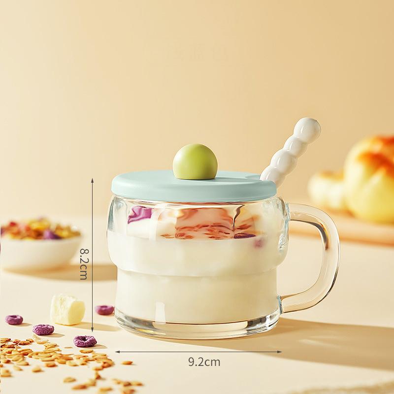Breakfast Cup with Lid Spoon Milk Cup Handle Oat Cup Transparent Cup Glass Milk Yogurt Cup for Kitchen Bowl Portable Cereal Jar