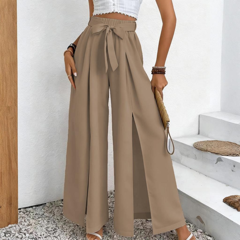 Women's -Color Casual High-Waisted Wide-Leg Trousers With Drawstring